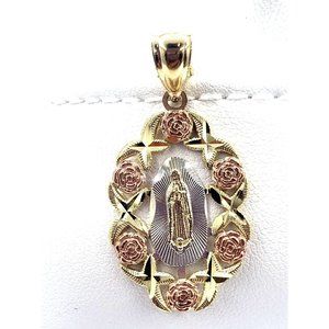 14K Tri Color Gold Diamond Cut Our Lady Of Guadalupe With Roses